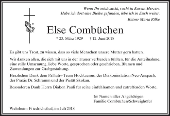 Traueranzeige von Else Combüchen von  Usinger Anzeiger
