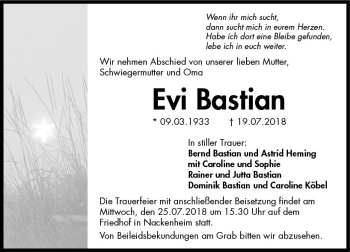 Traueranzeige von Evi Bastian von vrm-trauer