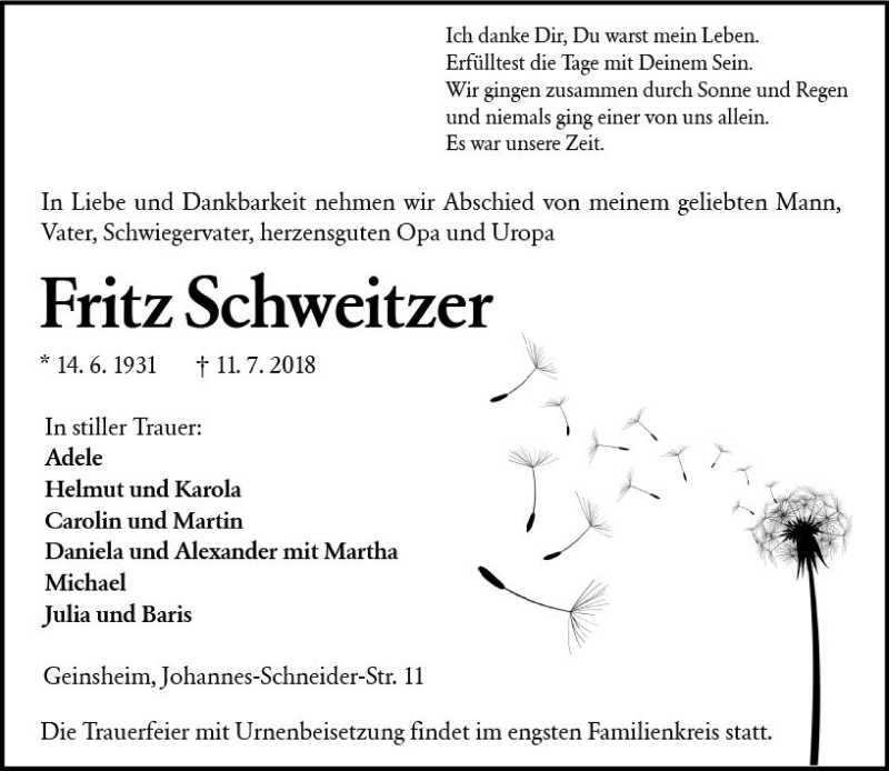  Traueranzeige für Fritz Schweitzer vom 16.07.2018 aus vrm-trauer