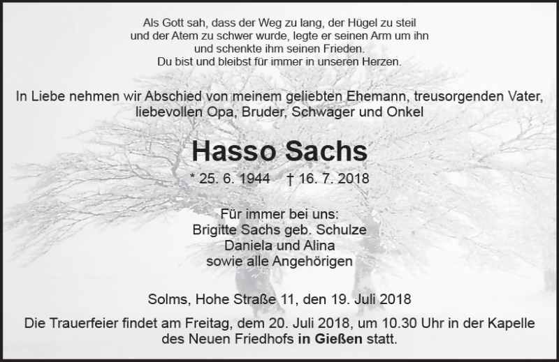  Traueranzeige für Hasso Sachs vom 19.07.2018 aus  Gießener Anzeiger