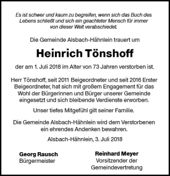 Traueranzeige von Heinrich Tönshoff von Trauerportal Rhein Main Presse