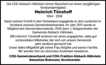 Traueranzeige von Heinrich Tönshoff von Trauerportal Rhein Main Presse
