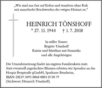 Traueranzeige von Heinrich Tönshoff von Trauerportal Rhein Main Presse