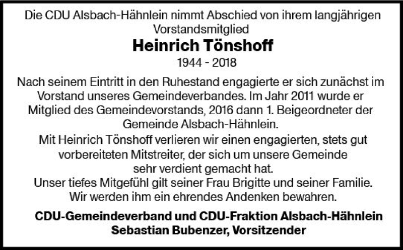  Traueranzeige für Heinrich Tönshoff vom 04.07.2018 aus Trauerportal Rhein Main Presse