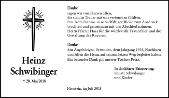 Traueranzeige von Heinz Schwibinger von vrm-trauer
