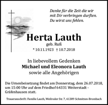 Traueranzeige von Herta Lauth von  Usinger Anzeiger