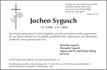 Traueranzeige von Jochen Sygusch von vrm-trauer