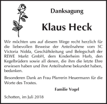 Traueranzeige von Klaus Heck von  Kreisanzeiger