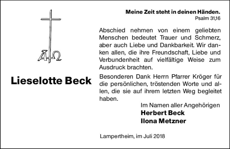  Traueranzeige für Lieselotte Beck vom 09.07.2018 aus vrm-trauer