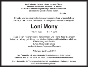 Traueranzeige von Loni Mony von  Usinger Anzeiger