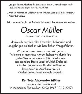 Traueranzeige von Oscar Müller von  Usinger Anzeiger