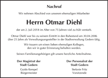 Traueranzeige von Otmar Diehl von  Kreisanzeiger