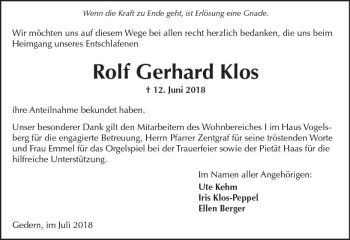 Traueranzeige von Rolf Gerhard Klos von  Kreisanzeiger