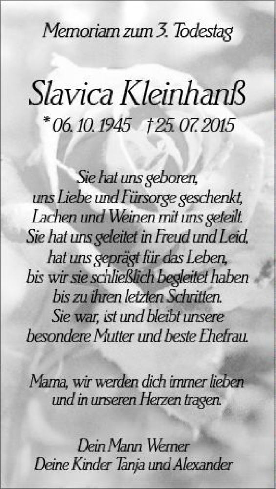  Traueranzeige für Slavica Kleinhanß vom 25.07.2018 aus vrm-trauer