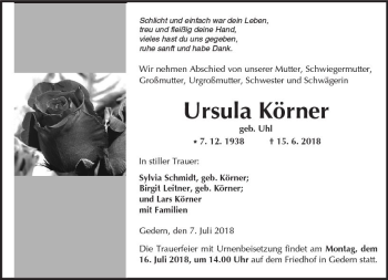 Traueranzeige von Ursula Körner von  Kreisanzeiger