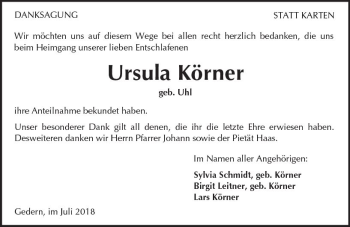Traueranzeige von Ursula Körner von  Kreisanzeiger