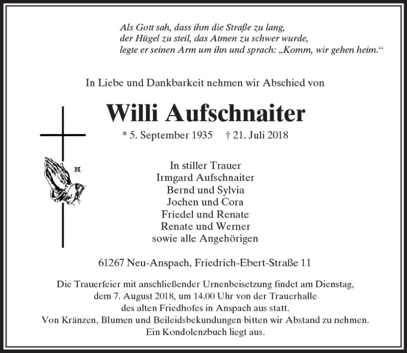  Traueranzeige für Willi Aufschnaiter vom 28.07.2018 aus  Usinger Anzeiger