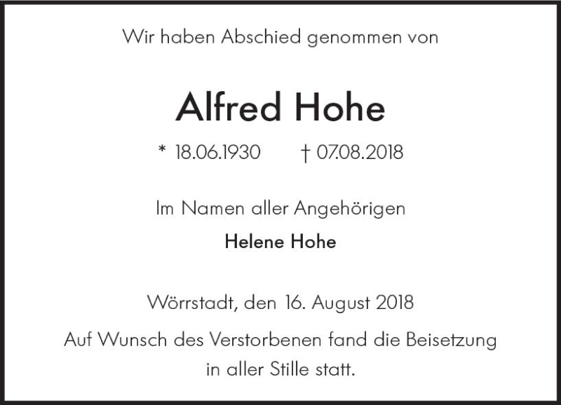  Traueranzeige für Alfred Hohe vom 16.08.2018 aus vrm-trauer