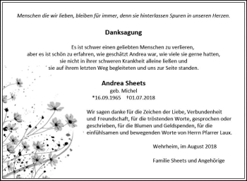 Traueranzeige von Andrea Sheets von  Usinger Anzeiger