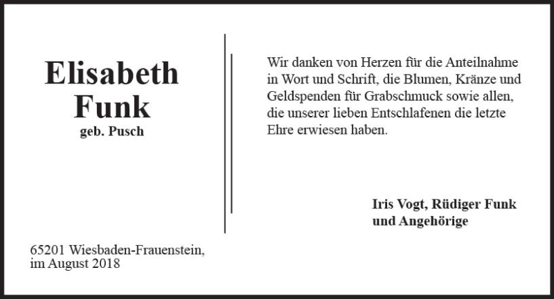  Traueranzeige für Elisabeth Funk vom 11.08.2018 aus vrm-trauer