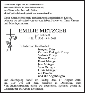 Traueranzeige von Emilie Metzger von vrm-trauer