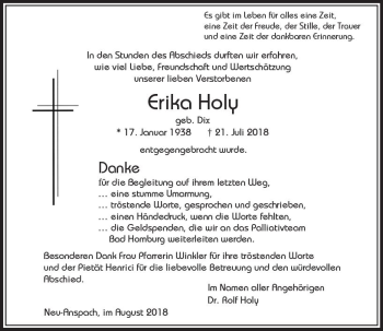 Traueranzeige von Erika Holy von  Usinger Anzeiger