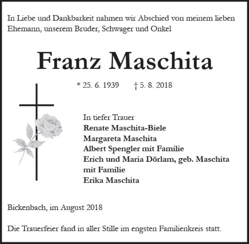  Traueranzeige für Franz Maschita vom 18.08.2018 aus vrm-trauer
