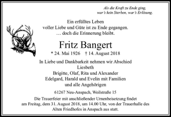 Traueranzeige von Fritz Bangert von  Usinger Anzeiger