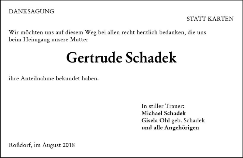  Traueranzeige für Gertrude Schadek vom 01.09.2018 aus vrm-trauer