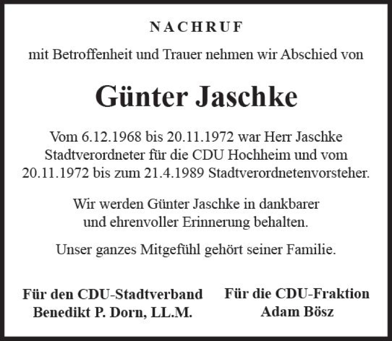  Traueranzeige für Günter Jaschke vom 10.08.2018 aus vrm-trauer