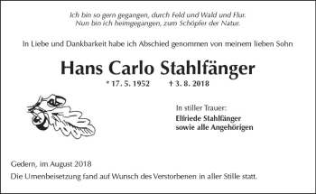Traueranzeige von Hans Carlo Stahlfänger von  Kreisanzeiger