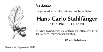 Traueranzeige von Hans Carlo Stahlfänger von  Kreisanzeiger