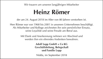 Traueranzeige von Heinz Römer von  Kreisanzeiger