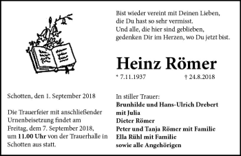 Traueranzeige von Heinz Römer von VRM Trauer