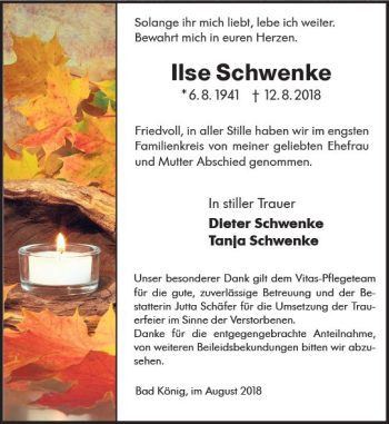 Traueranzeige von Ilse Schwenke von vrm-trauer