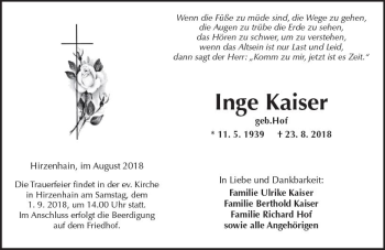 Traueranzeige von Inge Kaiser von  Kreisanzeiger