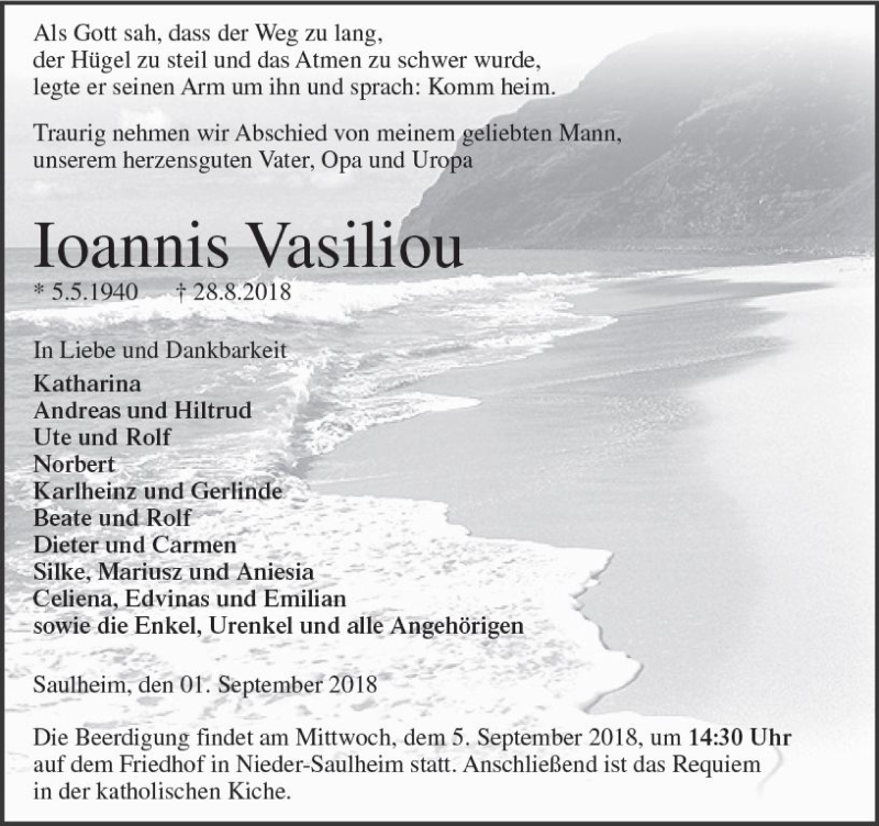  Traueranzeige für Ioannis Vasiliou vom 01.09.2018 aus vrm-trauer