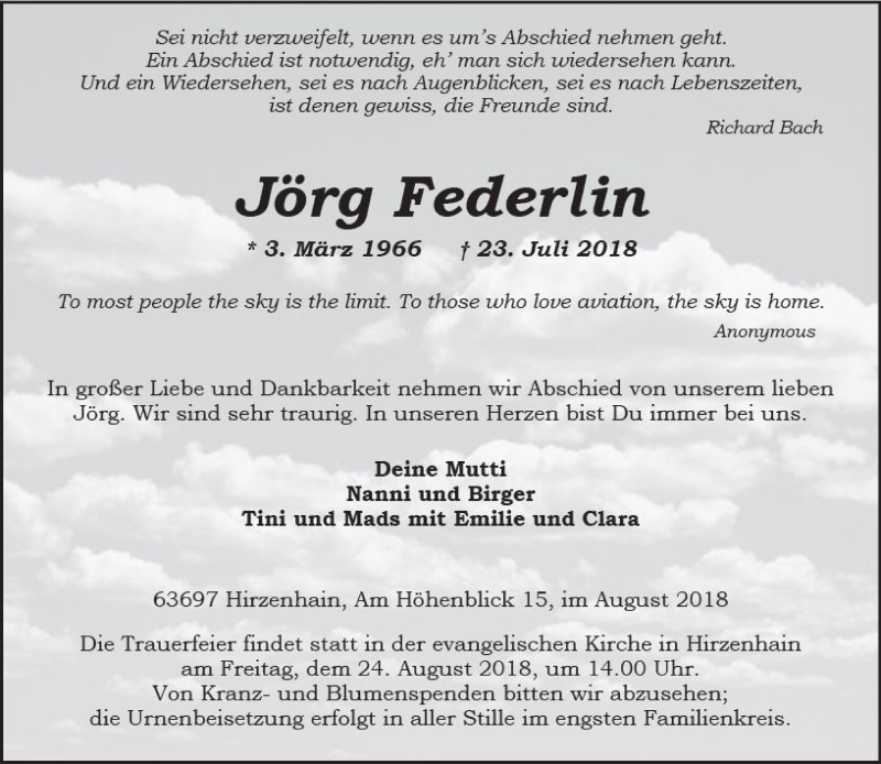 Traueranzeige für Jörg Federlin vom 11.08.2018 aus  Kreisanzeiger