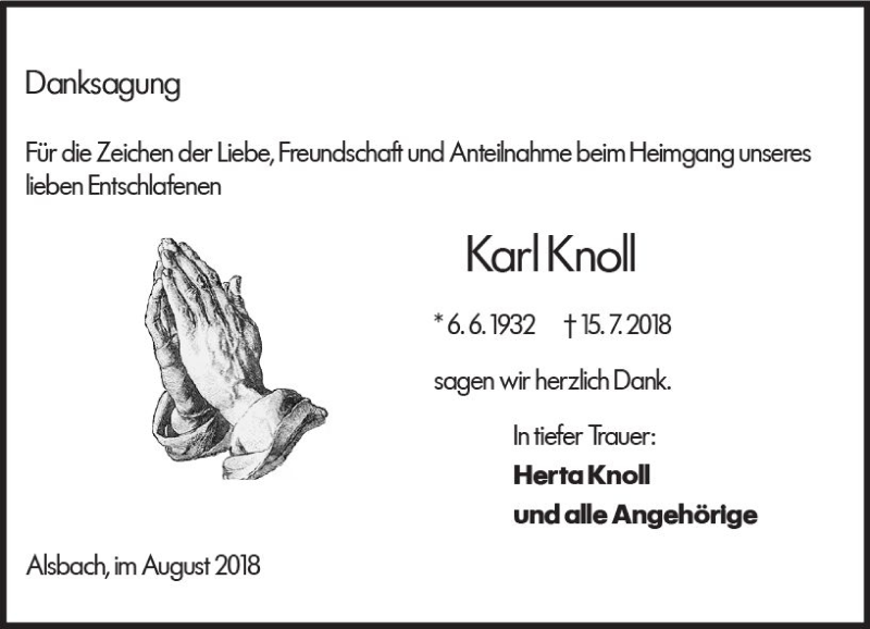  Traueranzeige für Karl Knoll vom 11.08.2018 aus vrm-trauer