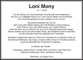 Traueranzeige von Loni Mony von  Usinger Anzeiger