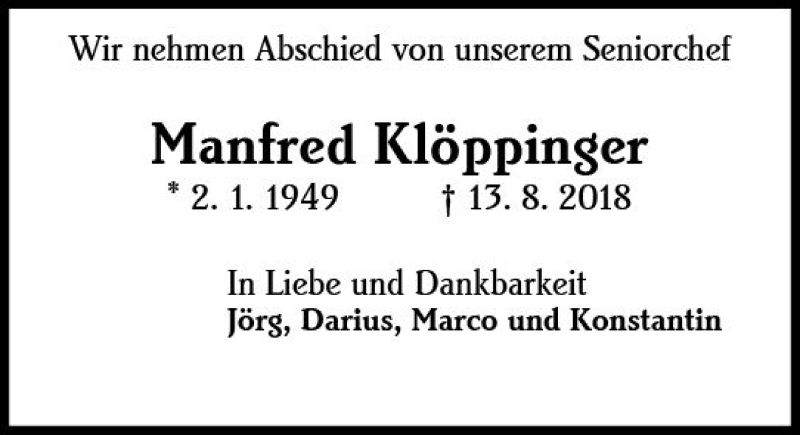  Traueranzeige für Manfred Klöppinger vom 18.08.2018 aus vrm-trauer