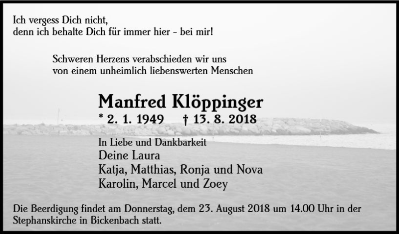  Traueranzeige für Manfred Klöppinger vom 18.08.2018 aus vrm-trauer