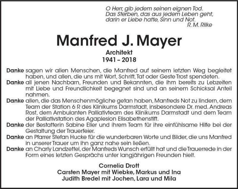  Traueranzeige für Manfred J. Mayer vom 25.08.2018 aus vrm-trauer