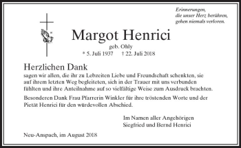 Traueranzeige von Margot Henrici von  Usinger Anzeiger
