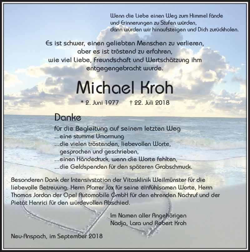  Traueranzeige für Michael Kroh vom 01.09.2018 aus  Usinger Anzeiger