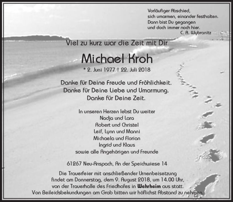  Traueranzeige für Michael Kroh vom 04.08.2018 aus  Usinger Anzeiger