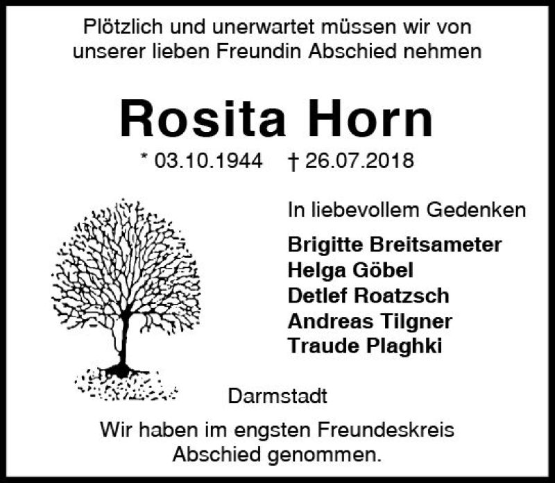  Traueranzeige für Rosita Horn vom 11.08.2018 aus vrm-trauer