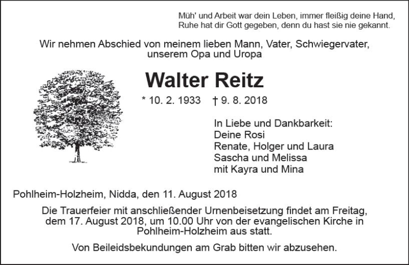  Traueranzeige für Walter Reitz vom 11.08.2018 aus  Gießener Anzeiger