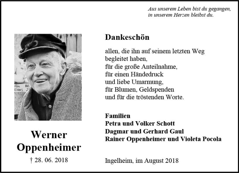  Traueranzeige für Werner Oppenheimer vom 11.08.2018 aus vrm-trauer