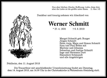 Traueranzeige von Werner Schmitt von  Gießener Anzeiger